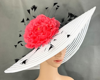 Hot Coral Peony Kentucky Derby White Hat for Women,Ready to Ship