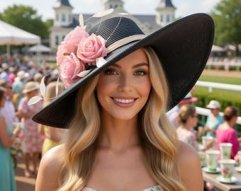Large Black Kentucky Derby Hat Peach Pink Roses and Beige Feathers, Wide Brim Wedding Guest
