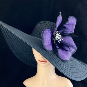 Purple and Black Kentucky Derby Hat , Extra Large Sinamay Flower, Designed and Made in USA Ready to Ship