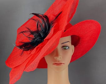 Red Sinamay Kentucky Derby Hat, Black Feather Flower, Made in USA