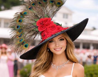 Wide Brim Kentucky Derby Hat, Black with Red Rose and Peacock Feathers