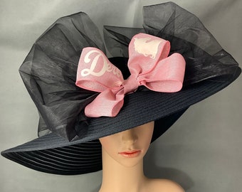 2024 Large Peach Pink Bow Kentucky Derby Hat , Wide Brim Black Hat,Designed and Made in USA Ready to Ship