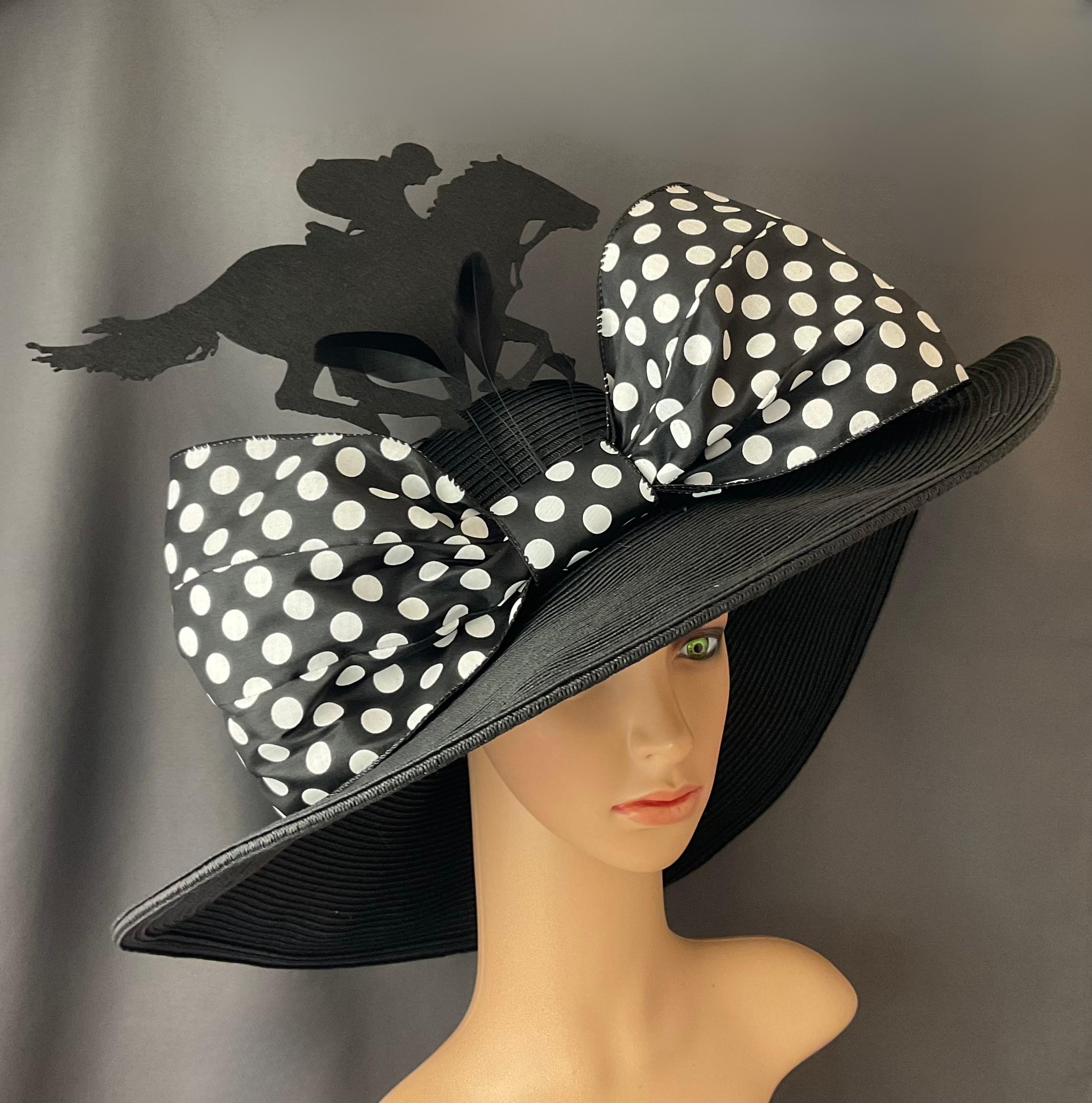 Wide Brim Kentucky Derby Hat, Black and White Polka Dot Bow  display picture 3