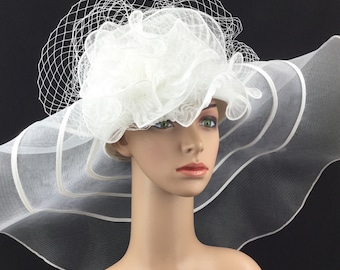 True White Wedding Hat Extra Wide Brim Sinamay and Mesh Wide Brim Kentucky Derby Hat Church Hat Bridal Wedding Hat Dress Hat Tea Party Hat