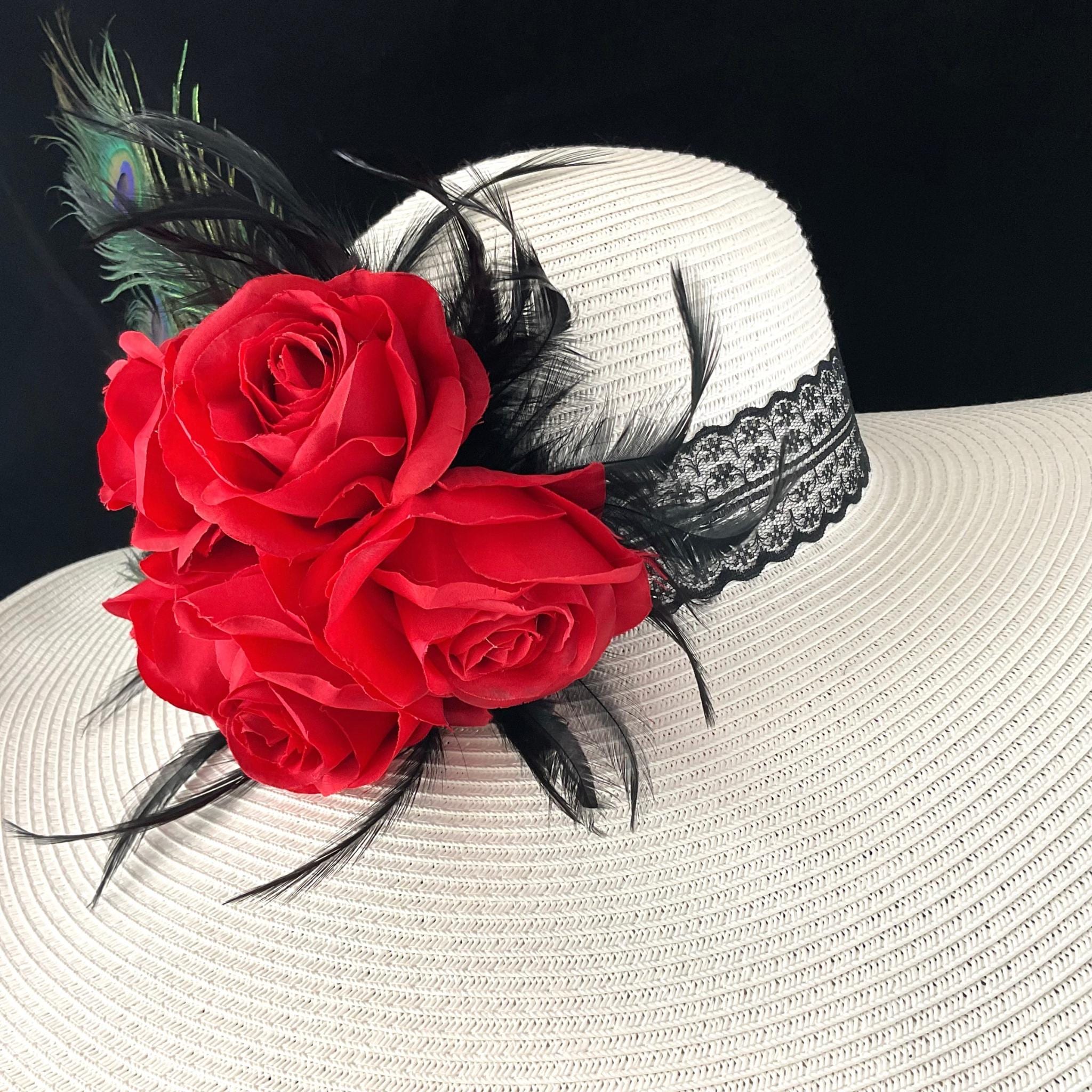 Elegant White and Red Floral derby Hat Pamela Wide Brim Derby Hat: White, Red Rose & Peacock Feathers  main image 2