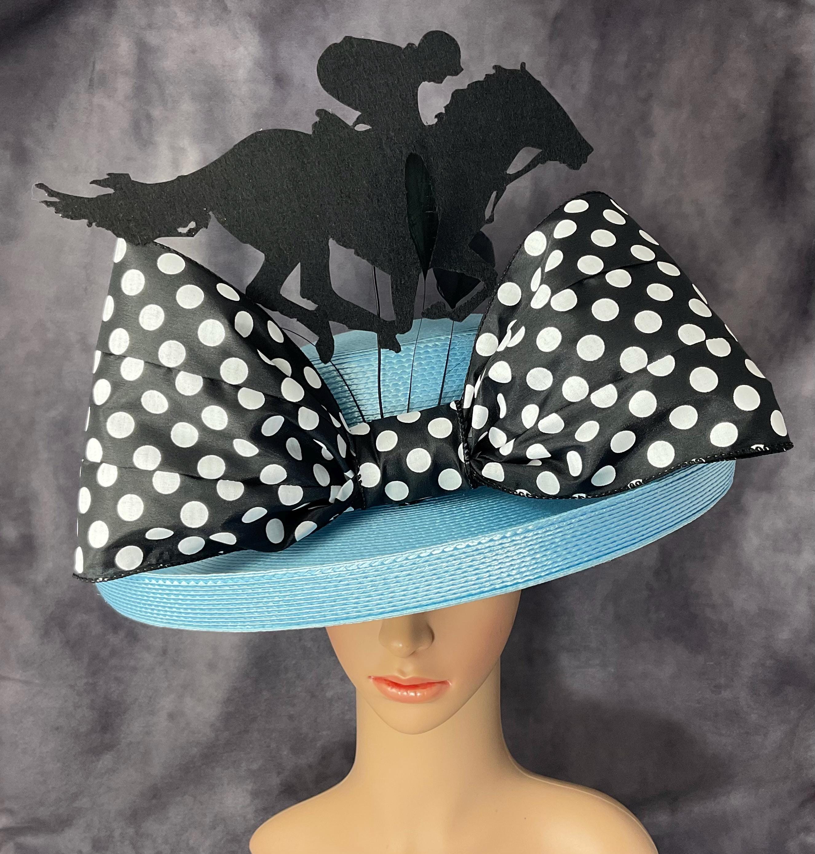 Light Blue Kentucky Derby Hat, Black Polka Dot Bow, Made in 
