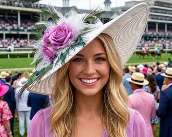 Wide Brim Kentucky Derby Hat, White with Mauve Pink Rose and Peacock Feathers
