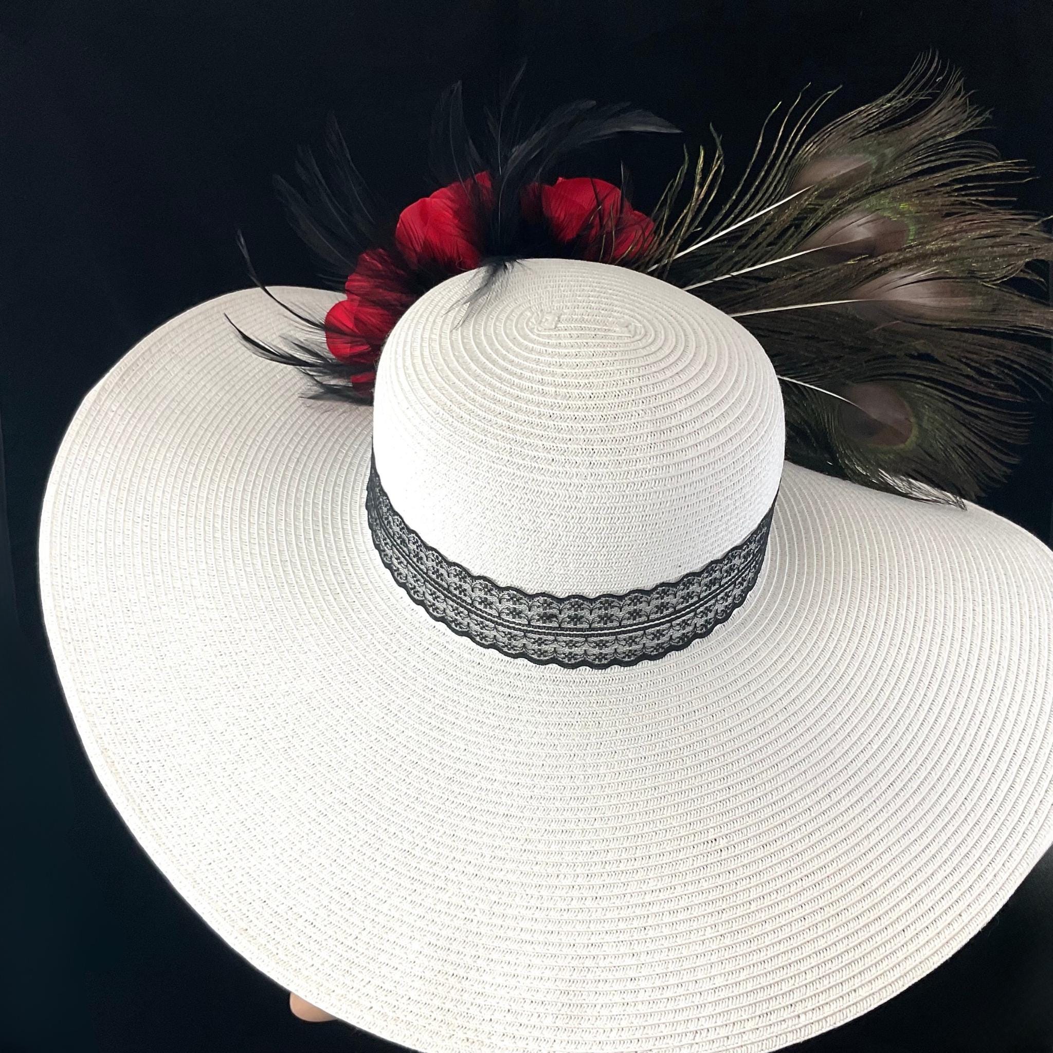 Wide Brim Derby Hat: White, Red Rose & Peacock Feathers - Etsy display picture 2