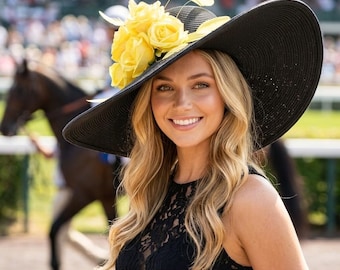 Wide Brim Kentucky Derby Hat, Yellow Roses Black, Formal Dress Mother’s Day Gift