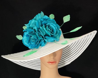 Teal Blue Rose Wide Brim Hat Tea