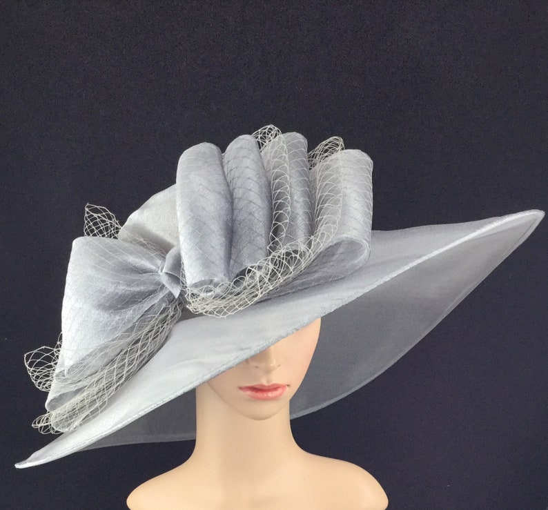 Silver Grey Big Bow Wide Brim Kentucky Derby Hat Womens Dress Tea Party Ascot Horse