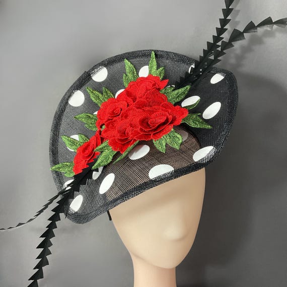 Red Rose Fascinator w Black Loop Accent KY Derby Ready Church Tea Ascot Headwear Black Kentucky Derby Hat: Red Rose Fascinator Headband  main image 3