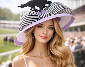 Light Lavender Lilac Lampshade Kentucky Derby Hat with Black White Striped Bow Horse Race Designed and Made in USA