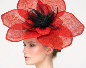 Extra Large Red and Black Sinamay Flower Fascinator, Dramatic Derby Hat, Royal Ascot Headpiece,mother’s Day Gift, party headpiece