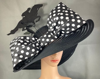 Black White Kentucky Derby Hat with Polka Dot hat band Fascinator,Horse Racing, Ready to Ship