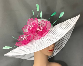 Fuchsia Hot Pink,Green, and White Kentucky Derby Hat , Handmade Sinamay Flower, Designed and Made in USA Ready to Ship