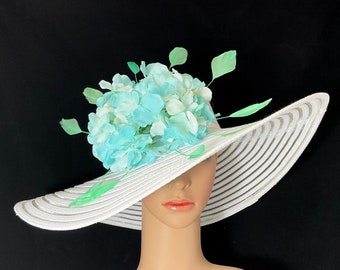 Light Blue and White Women’s Derby hat with Feathers , Spring Tea Party