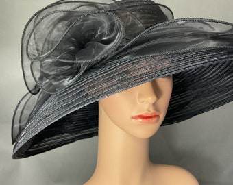 Black Kentucky Derby Hat, Wide Brim Ascot Tea Party Hat