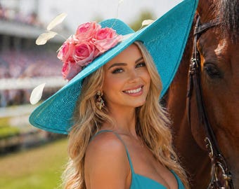 Wide Brim Kentucky Derby Hat, Turquoise Blue Peach Pink Beige