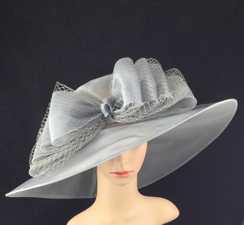 Silver Grey Big Bow Wide Brim Kentucky Derby Hat Womens Dress Tea Party Ascot Horse
