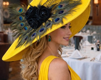 Wide Brim Kentucky Derby Hat, Yellow with Black Rose and Peacock Feathers