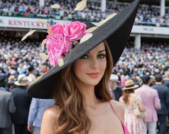 Wide Brim Kentucky Derby Black Hat, Pink Rose and Beige Feathers