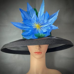 Black Lampshade Kentucky Derby Hat with Blue Feather Flower Dot Bow Horse Race Designed and Made in USA Ready to Ship