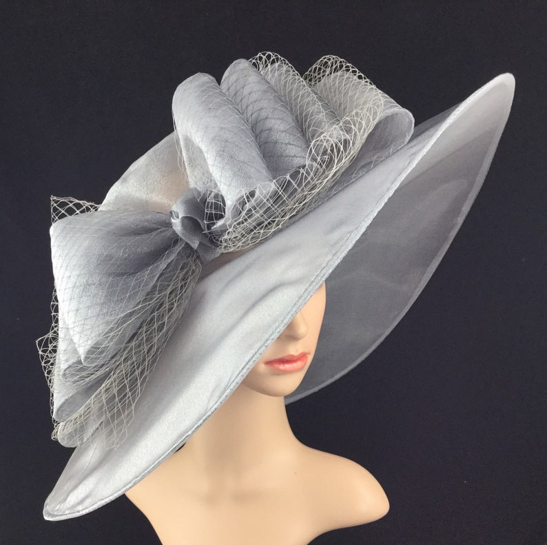 Silver Grey Big Bow Wide Brim Kentucky Derby Hat Womens Dress Tea Party Ascot Horse