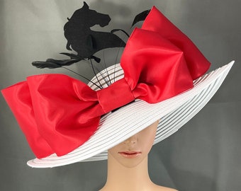 Black White Red Bow Kentucky Derby Hat , Handmade Extra Large Felt Horse, Designed and Made in USA Ready to Ship