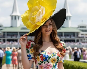 Oversized Yellow Flower Kentucky Derby Hat, Black Wide Brim Fascinator