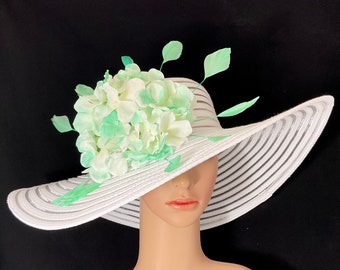 Mint Green and White Women’s Derby hat with Feathers , Spring Tea Party