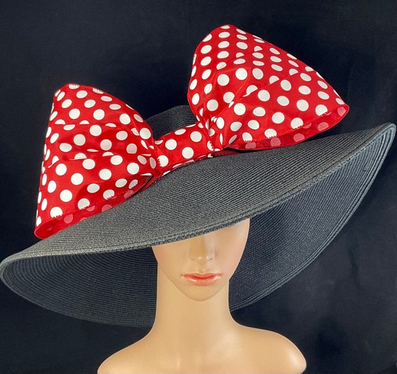 Red White Polka Dot Bow Kentucky Derby Black Hat, Wide Brim  display picture 2