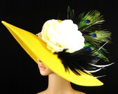 Yellow Derby Hat with peacock feathers Tea Party Hat Wedding Hat Dressy Hat Kentucky Derby Hat Big Brim Horse Race Ascot