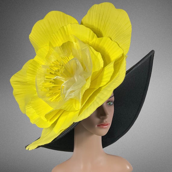 Kate Landry Black Wide-Brim Hat with Large Yellow Flower Kate Landry kentucky Derby Hat Very Wide Brim Black with  main image 3