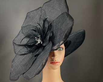 Black Flower Kentucky Derby Hat , Extra Large Sinamay Flower, Designed and Made in USA