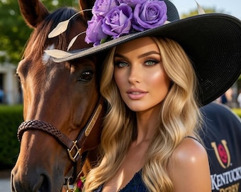 Elegant Black Wide Brim Hat with Large Violet Purple Roses - Race Day Fascinator, Mother of the Bride