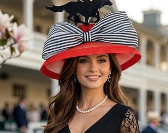 Red Lampshade Kentucky Derby Hat with Black White Striped Bow Horse Race Designed and Made in USA Ready to Ship