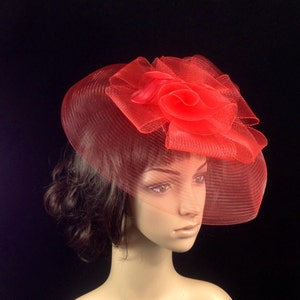 Red Feather Fascinator, Red Derby Hat,  Mesh Fascinator Hat, Kentucky Derby Hat, Church Hat, Wedding Hat, Dress Hat, Tea Party Hat