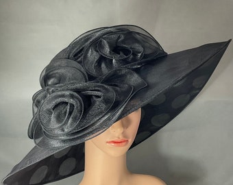 Black Organza Kentucky Derby Hat, Wide Brim Ascot Hat