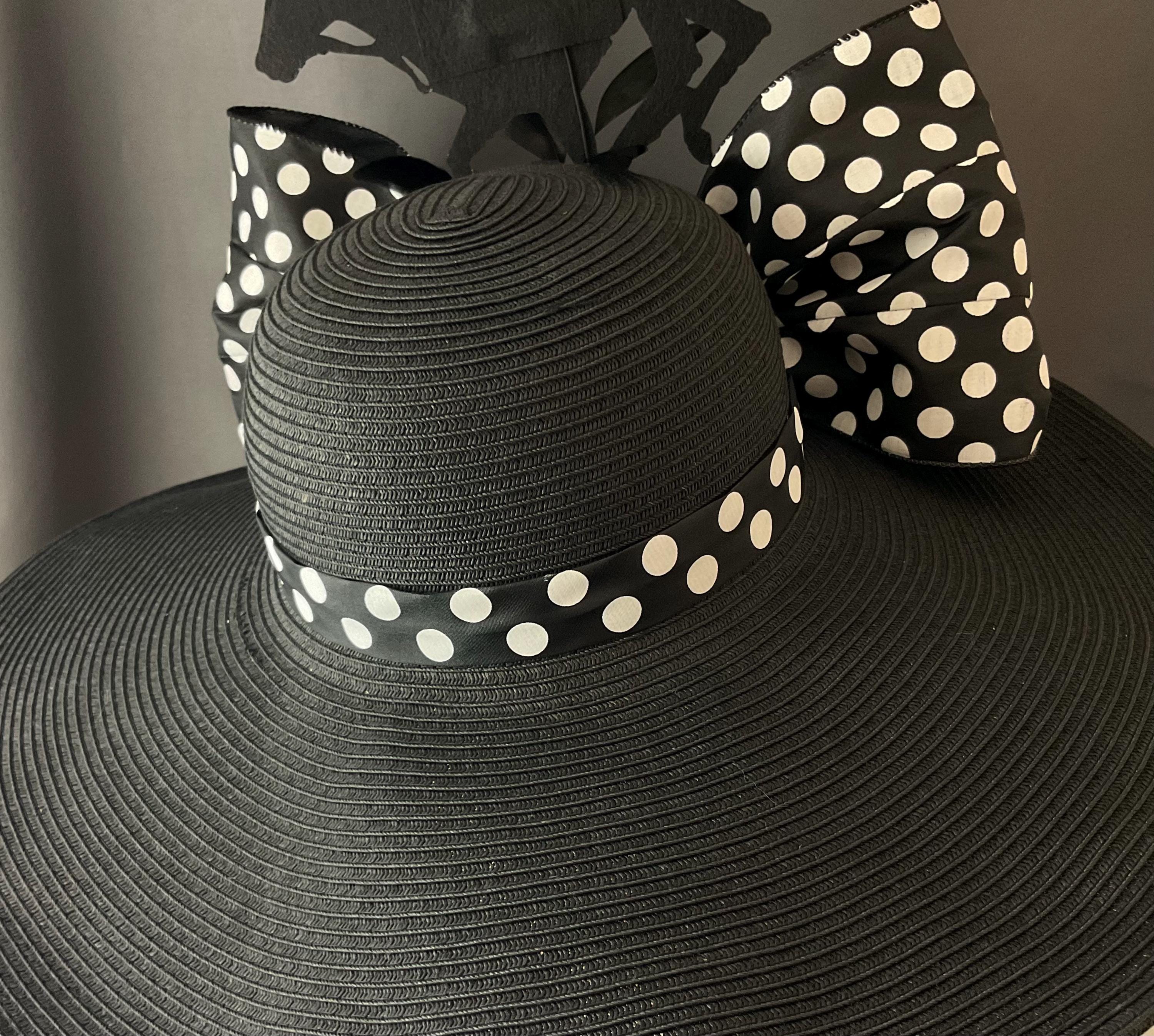 Wide Brim Kentucky Derby Hat, Black and White Polka Dot Bow 