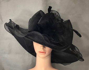 Black Kentucky Derby Hat with Big Bow and Feather Flower Tea Party Hat Blue Dress Hat,