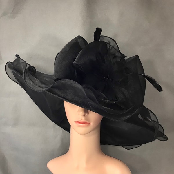 Black Kentucky Derby Hat with Big Bow and Feather Flower Tea Party Hat Blue Dress Hat,