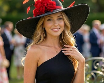 Wide Brim Kentucky Derby Hat, Red Roses Black, Formal Dress Mother’s Day Gift