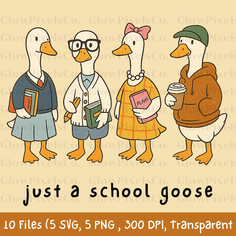K&ouml;nnte beinhalten: Illustration von vier anthropomorphen G&auml;nsen in Schulkleidung. Eine Gans tr&auml;gt einen Pullover und einen Rock, eine andere tr&auml;gt eine Brille und eine Strickjacke, eine dritte tr&auml;gt ein Kleid und eine Schleife, und die letzte tr&auml;gt einen Kapuzenpullover und eine M&uuml;tze. Der Text "just a school goose" steht darunter.