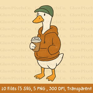 K&ouml;nnte beinhalten: Digitale Illustration einer Gans mit gr&uuml;ner Kappe und braunem Kapuzenpullover, die eine Kaffeetasse h&auml;lt. Die Gans hat einen orangenen Schnabel und F&uuml;&szlig;e. Der Text "10 Files (5 SVG, 5 PNG, 300 DPI, transparent)" ist enthalten.