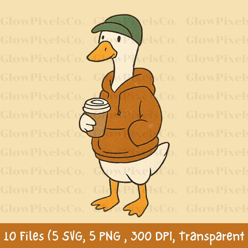 K&ouml;nnte beinhalten: Digitale Illustration einer Gans mit gr&uuml;ner Kappe und braunem Kapuzenpullover, die eine Kaffeetasse h&auml;lt. Die Gans hat einen orangenen Schnabel und F&uuml;&szlig;e. Der Text "10 Files (5 SVG, 5 PNG, 300 DPI, transparent)" ist enthalten.