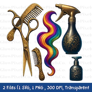 Hair Stylist Clipart Bundle: Gold Scissors, Vintage Salon Elements (PNG SVG Digital Download