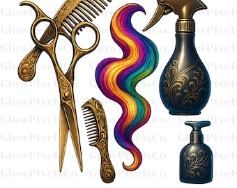 Hair Stylist Clipart Bundle: Goldene Schere, Vintage Salon-Elemente (PNG SVG Digital Download