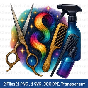 Hair Stylist Clipart Bundle: Salon Tools, Scissors, Comb (PNG, SVG Digital Download