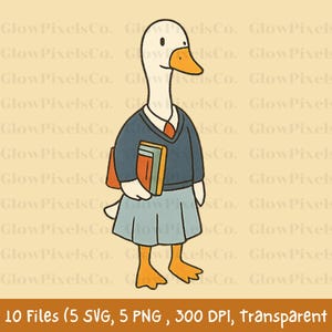 K&ouml;nnte beinhalten: Cartoon-Illustration einer Gans in Schuluniform, mit blauem Pullover, Rock und B&uuml;chern. Die Gans hat einen orangefarbenen Schnabel und F&uuml;&szlig;e. Der Text "10 Files (5 SVG, 5 PNG, 300 DPI, transparent)" ist enthalten.